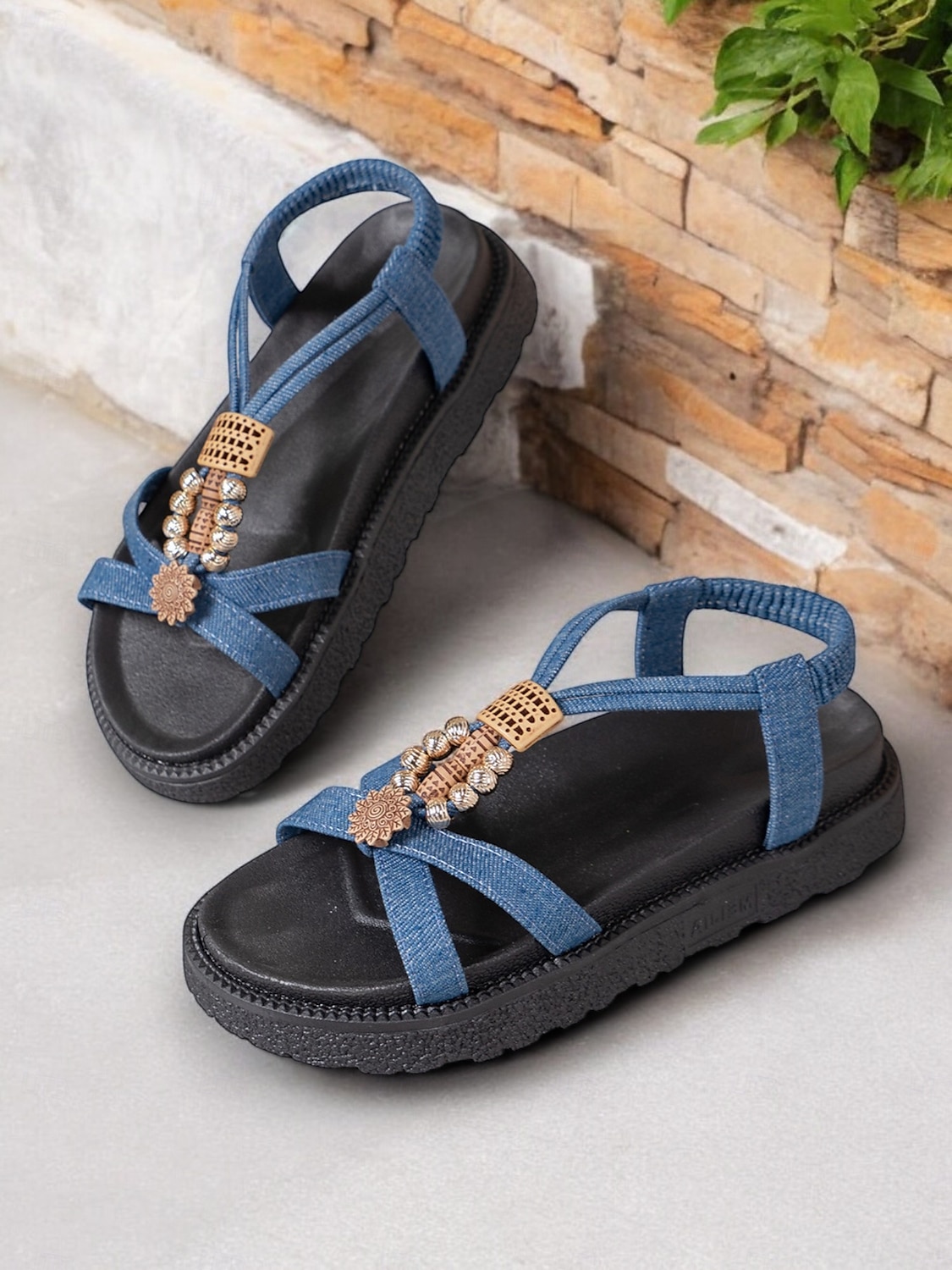 Women's Denim T-Strap Sandals with Beaded and Embellished Details, Lightweight Sole, and Boho Style for Beachwear and Summer Casual Outfits 2025 - $24.99 –P1