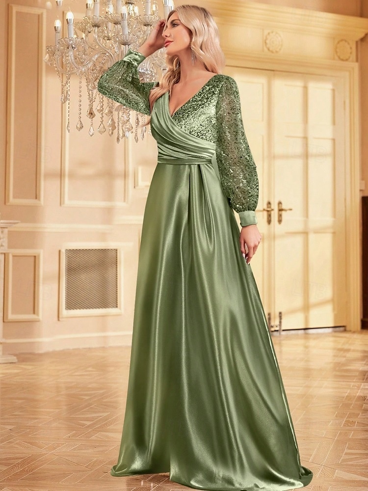 A-Line Evening Gown Elegant Dress Wedding Guest Evening Party Floor Length Long Bubble Sleeve V Neck Satin With Glitter 2025 2025 - $133.99 –P2