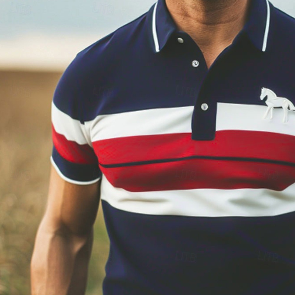 Men's Horse Striped Rugby Polo Short Sleeve Polo Shirts Collared Shirts Casual School Outdoor Sports Daily Wear 3D Print Summer Red Brown Green 2025 - $27.99 –P4