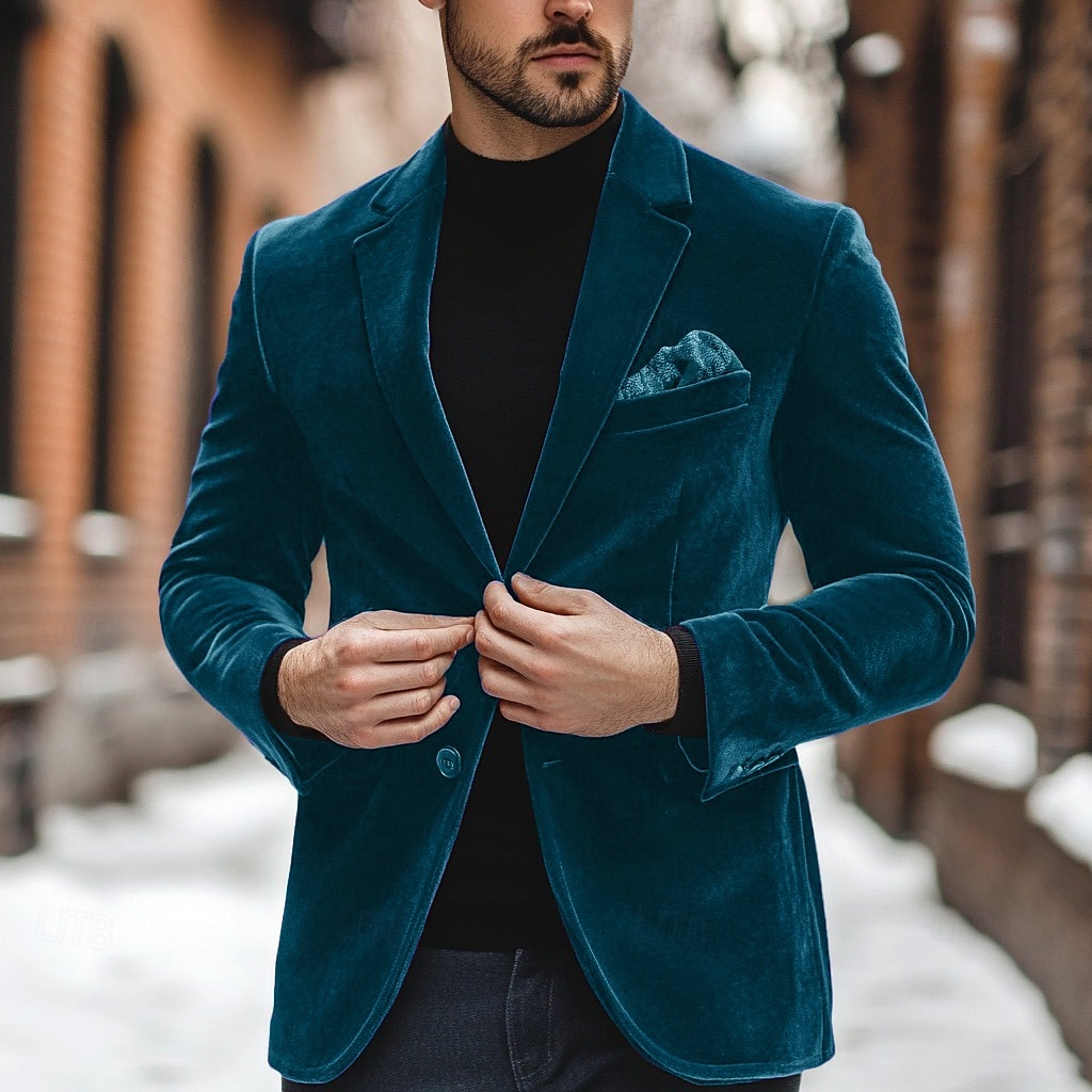 Herr Sammetsblazers Kavaj Företag Cocktailfest Bröllopsfest Mode Ledigt Vår & Höst 100 % bomull Färgblock Knapp Ficka Bekväm Enkelknäppt Blazer Rubinrött Kungsblå Grön 2025 - $73.99 –P8