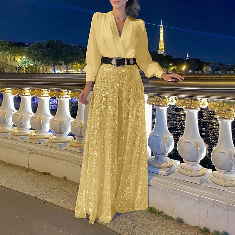 Jumpsuits Mother of the Bride  Formal Elegant V Neck Floor Length Sequined Long Sleeve with Sequin Solid Color 2025 2025 - $120.99 –P8