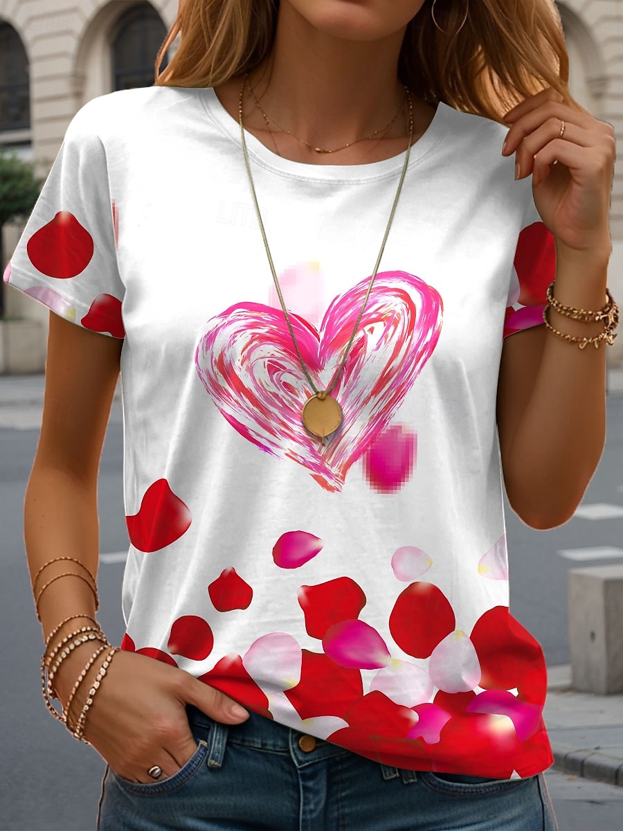 Valentinstag Damen T Shirt Herz Brautkleider schlicht Kurzarm Rundhalsausschnitt Normale Oberteile Täglich Bedruckt Rote Sommer 2025 - $19.99 –P1