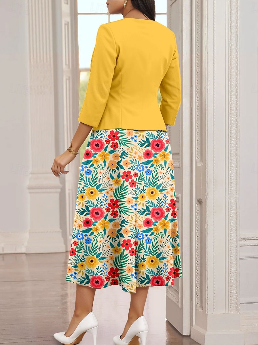 Dámské midi šaty dvoudílná souprava šatů tištěná šaty elegantní vintage květinový potisk 3/4 délka rukávu kulatý výstřih každodenní žluté jaro podzim běžný střih 2025 - $36.99 –P2