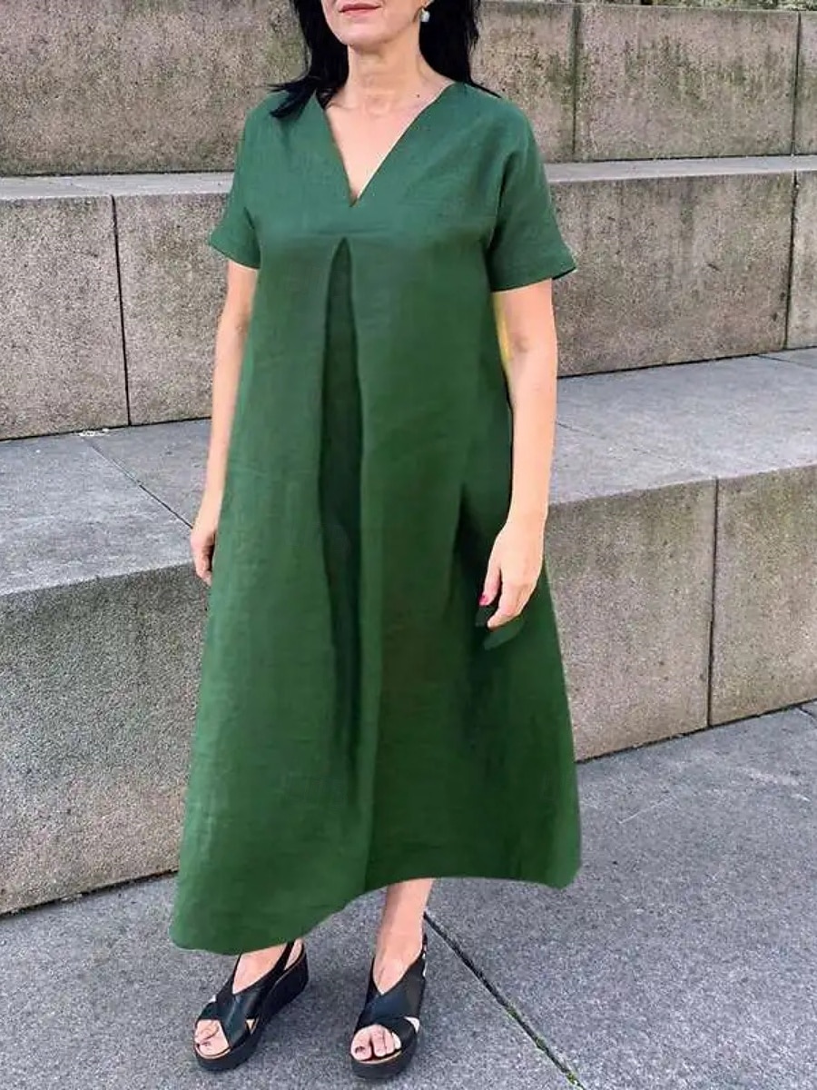Pentru femei Rochie Maxi Rochii de in bumbac Rochie casual Rochie leagăn Rochie maxi din bumbac De Bază Casual Vacanță Zilnic Fit regulat Simplu Manșon scurt În V Negru Trifoi Vară 2025 - $32.99 –P4