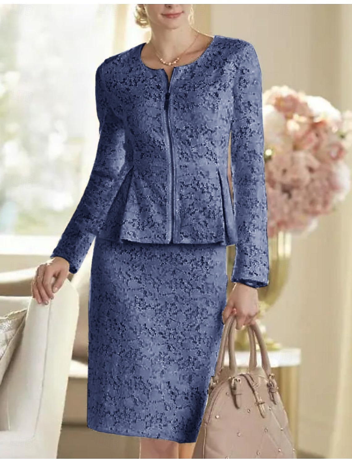 Abito a due pezzi madri della sposa abito ospite di matrimonio elegante festa scollo a barca lunghezza al ginocchio pizzo maniche lunghe giacca inclusa con abito da corsa a tinta unita taglia su del 2025 a $172.99 –P6
