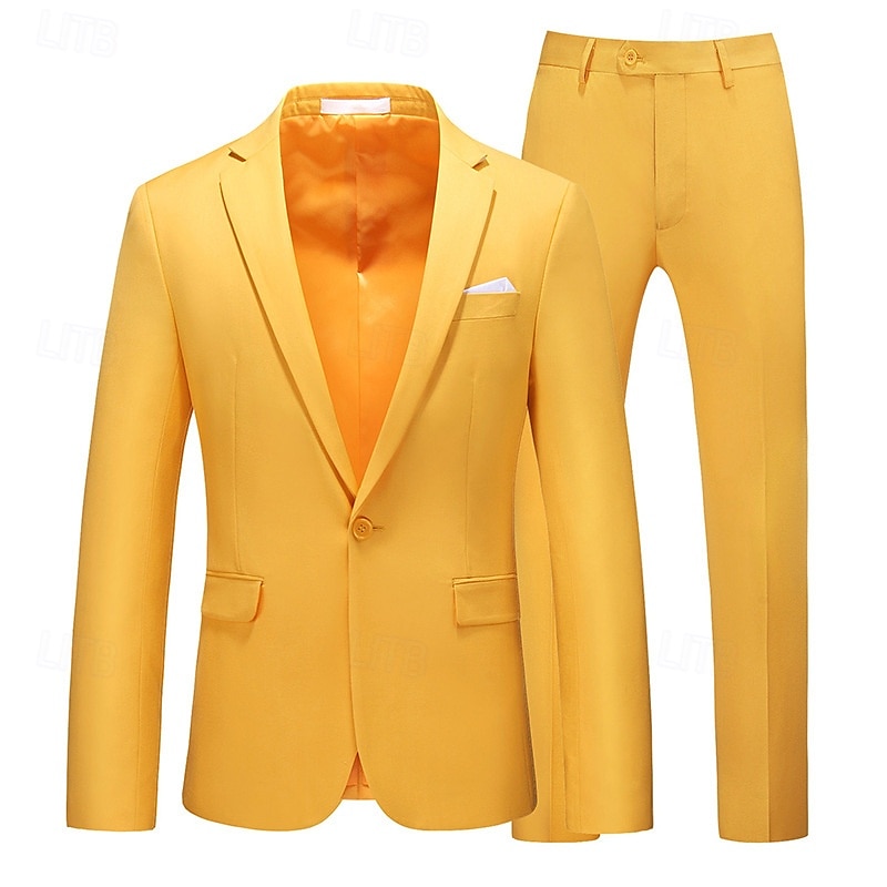 Men's Set Blazer Business Cocktail Party Wedding Party 2 Piece Fashion Casual Spring &  Fall Polyester Solid Color Buttons Pocket Comfortable Single Breasted Blazer Dark Yellow Black White Yellow 2025 - $113.99 –P18