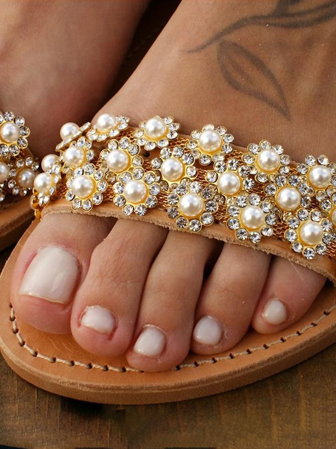 Boho chic květinové ploché sandály z korálků s páskem ke kotníkům pro dámské letní outfity a svatby 2025 - $46.99 –P1