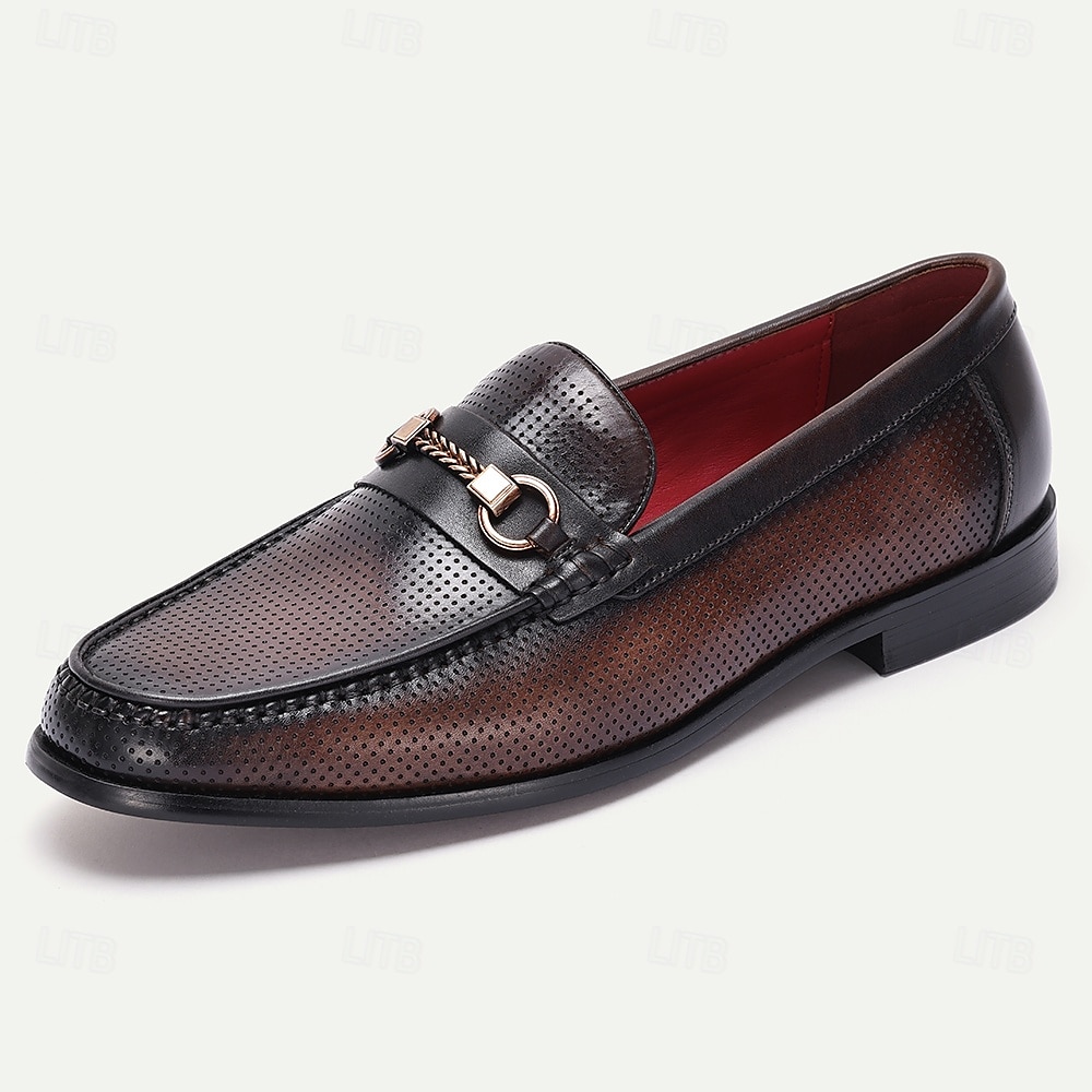 Men's Perforated Brown Leather Loafers – Premium Cowhide, Metal Buckle Decoration, Breathable Business Casual Shoes for Office and Formal Events 2025 - $94.99 –P1