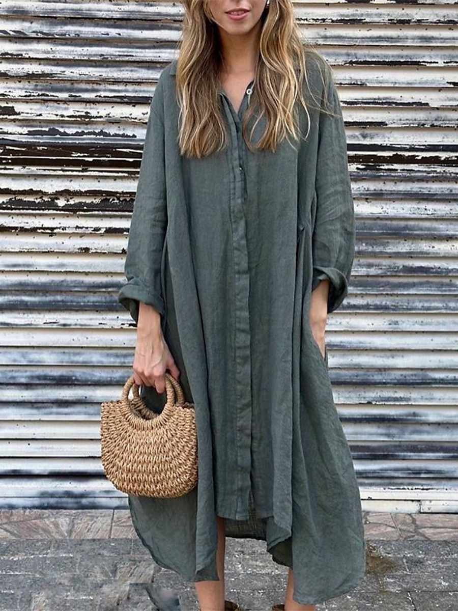 Damen Maxikleid Baumwoll-Leinen-Kleider Hemdblusenkleid Freizeitkleid Maxikleid aus Baumwolle Basic Lässig Urlaub Täglich Normale Passform Einfach Langarm Hemdkragen Dunkelgrün Aprikose Grau Sommer 2025 - $38.99 –P1