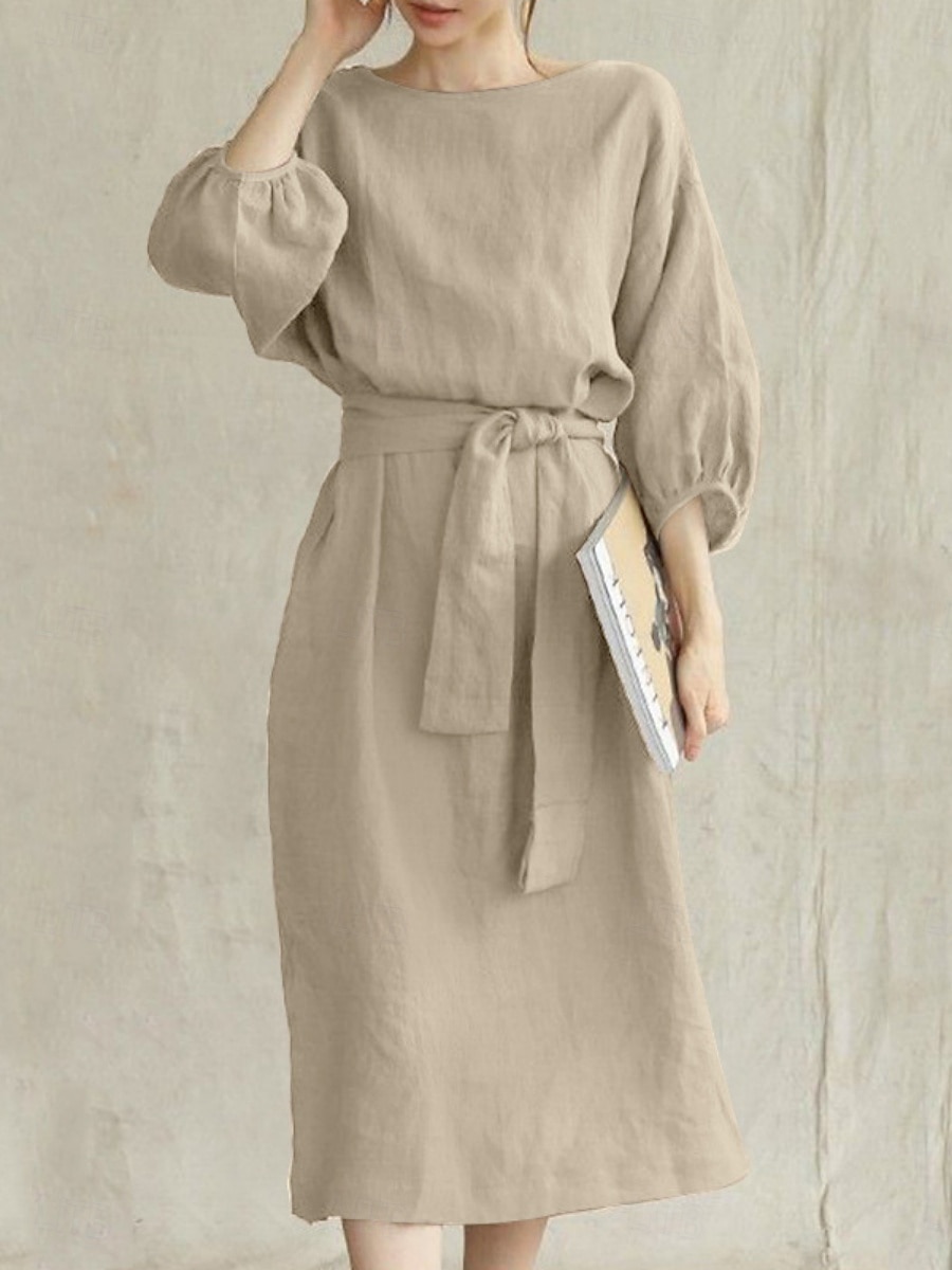Damen Minikleid Baumwoll-Leinen-Kleider Freizeitkleid Basic Lässig Urlaub Täglich Normale Passform Einfach Dreiviertelarm Rundhalsausschnitt Marineblau Braun Khaki Armeegrün Sommer 2025 - $26.99 –P4