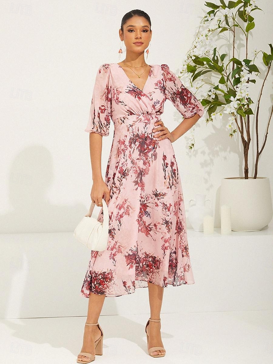 Dámské Midi šaty Šifonové šaty Elegantní stylové Nahoře nabírané Svatební Svatební host Denní Běžný Květinový Poloviční rukáv Do V Světlá růžová Léto Jaro Podzim 2025 - $59.99 –P1