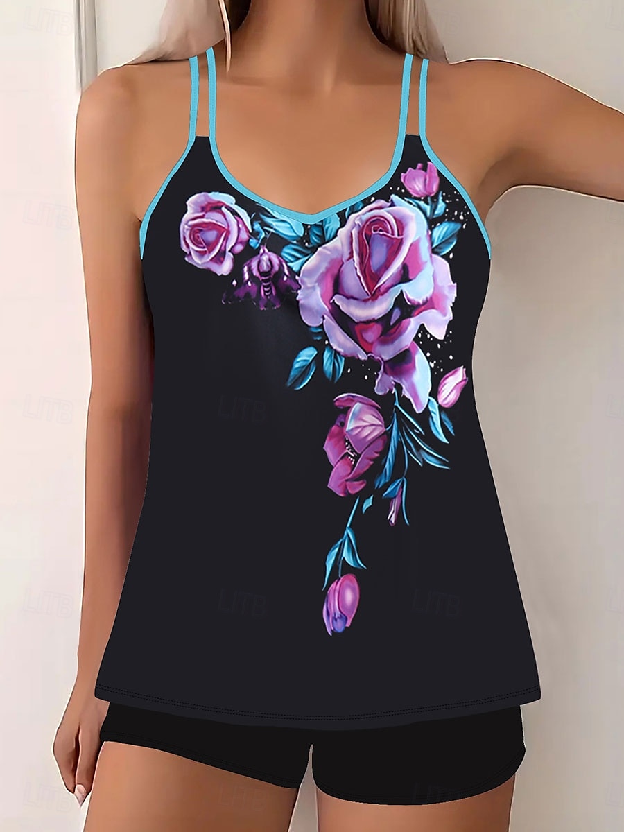 Dam Badkläder Bikini 2 st Pojkeben Baddräkt Öppen rygg Smal Semester Standkläder Blommig U-hals Ärmlös Baddräkter 2025 - $29.99 –P5