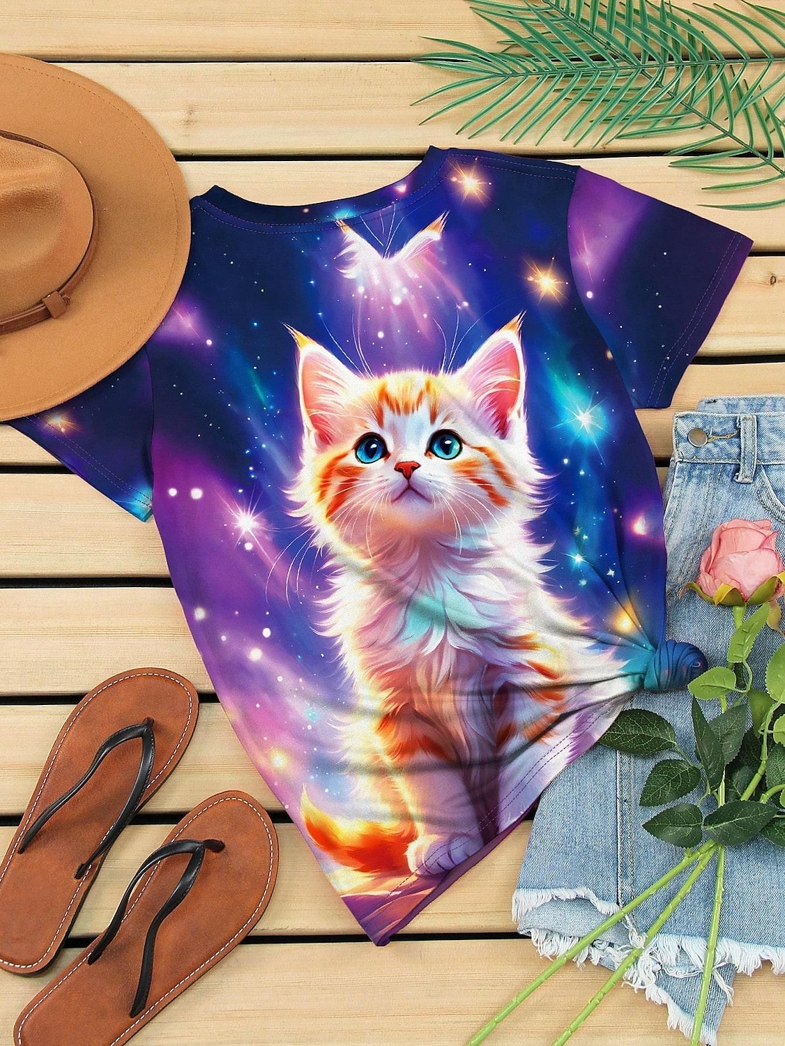 Dame T skjorte Katt Fritid Kortermet Rund hals Vanlige topper Daglig Trykt mønster Lilla Sommer 2025 - $19.99 –P2