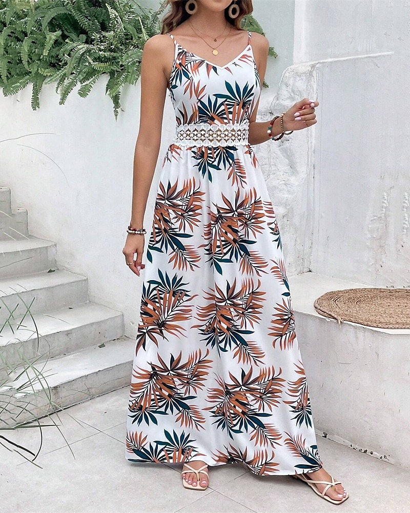 Dámské Maxi šaty Áčkové šaty Květinové šaty Letní šaty Cami šaty Elegantní stylové Dovolená Denní Rande Běžný Květinový Bez rukávů Do V Bílá Léto 2025 - $26.99 –P3
