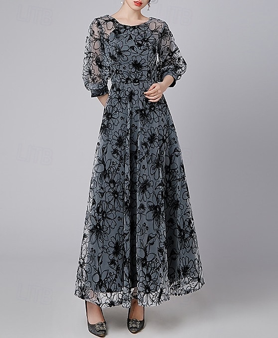A-Linien-Kleid, formelles, elegantes Vintage-Kleid für die Mutter der Braut, durchsichtiger Rundhalsausschnitt, knöchellang, Chiffon, halbe Ärmel mit Spitzenstickerei 2025 2025 - $110.99 –P2