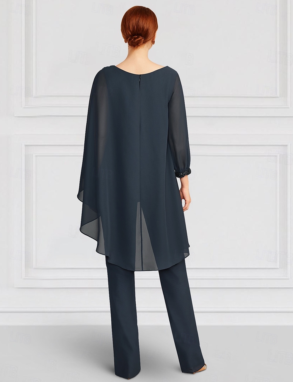 Zwei-Teile Jumpsuit  Hosenanzug Brautmutter Elegant Juwel-Ausschnitt Bodenlang Chiffon Langarm Wickel inklusive mit Spitzen-Rüschen Einfarbig 2025 - $177.99 –P2