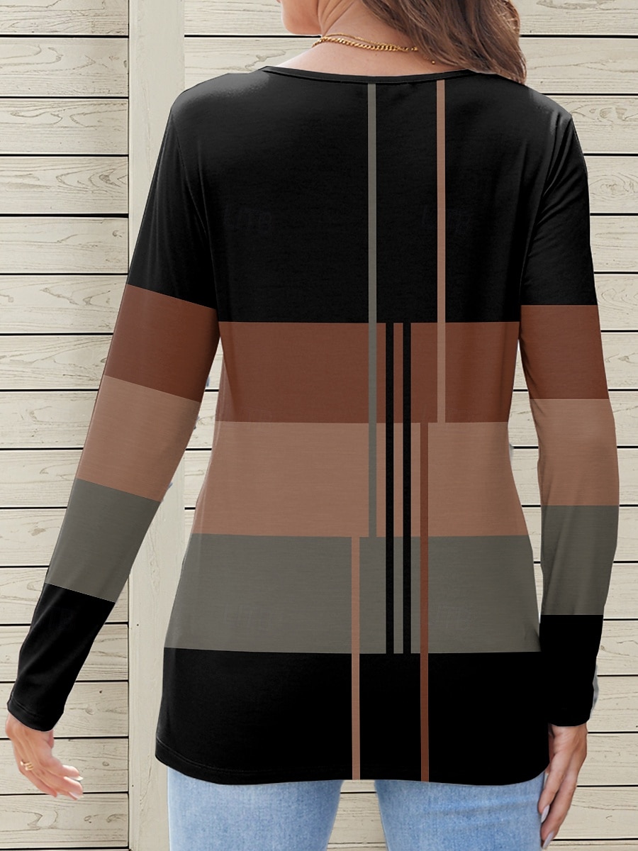 Femme T shirt Géométrique Rayé Décontractées manche longue Col cranté Hauts réguliers du quotidien Imprimer Noir Bleu Violet Vert Eté Printemps Automne de 2025 ? $27.99 –P2
