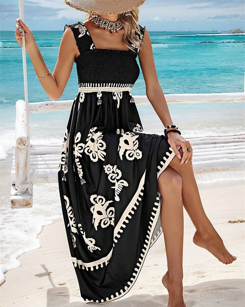 Femme robe longue Robe casual Robe Trapèze Robe d'été robe boheme Bohême Hawaïen mode Vacances du quotidien Rendez-vous Standard Graphic Sans Manches Col Carré Noir Rose Claire Rouge Vert Eté de 2025 ? $23.99 –P10