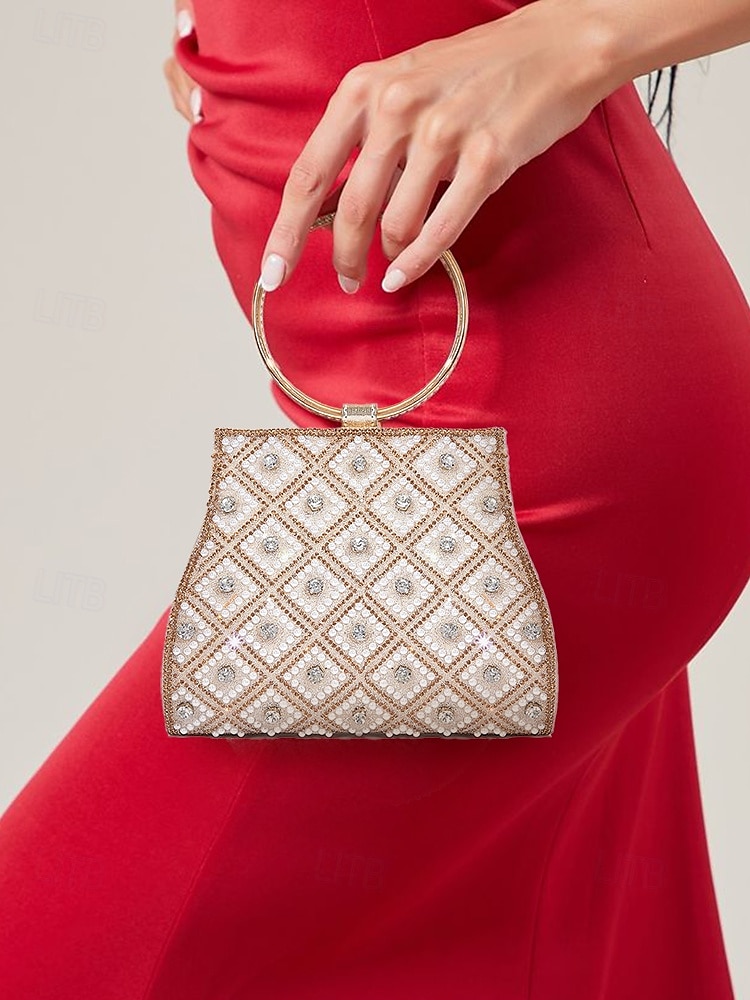 Women's Rhinestone Embellished Evening Clutch Bag – Elegant Handbag with Gold Ring Handle and Chain Strap for Weddings and Parties Color Silver Black / White Black 2025 - $32.99 –P1