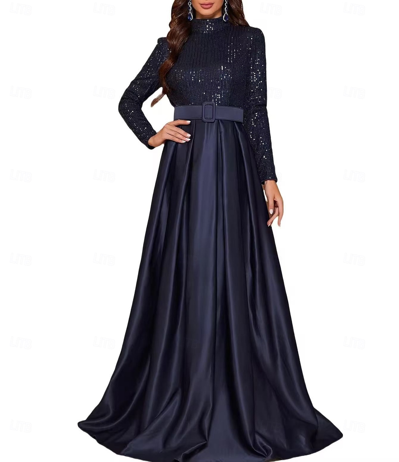 Rochie de seară tip A-Line rochie elegantă pentru petrecere rochie formală de gală cu lungime până la podea cu mânecă lungă cu gât rigid curea/sasch din amestec de bumbac cu spate cowl cu butoane 2025 - $167.99 –P6