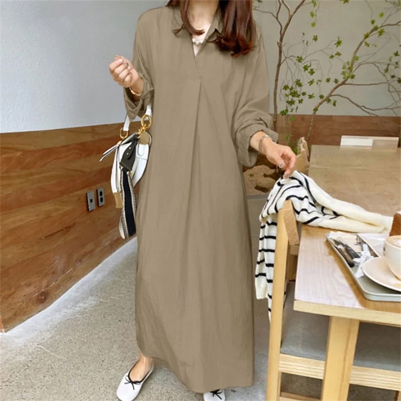 Dam Långklänning Maxiklänning Linneinspirerade klänningar Vardagsklänning Stylish Ledigt Semester Dagligen Datum Normal Slät Långärmad Kavajslag Svart Vin Kaki Armégrön Sommar Vår 2025 - $26.99 –P9