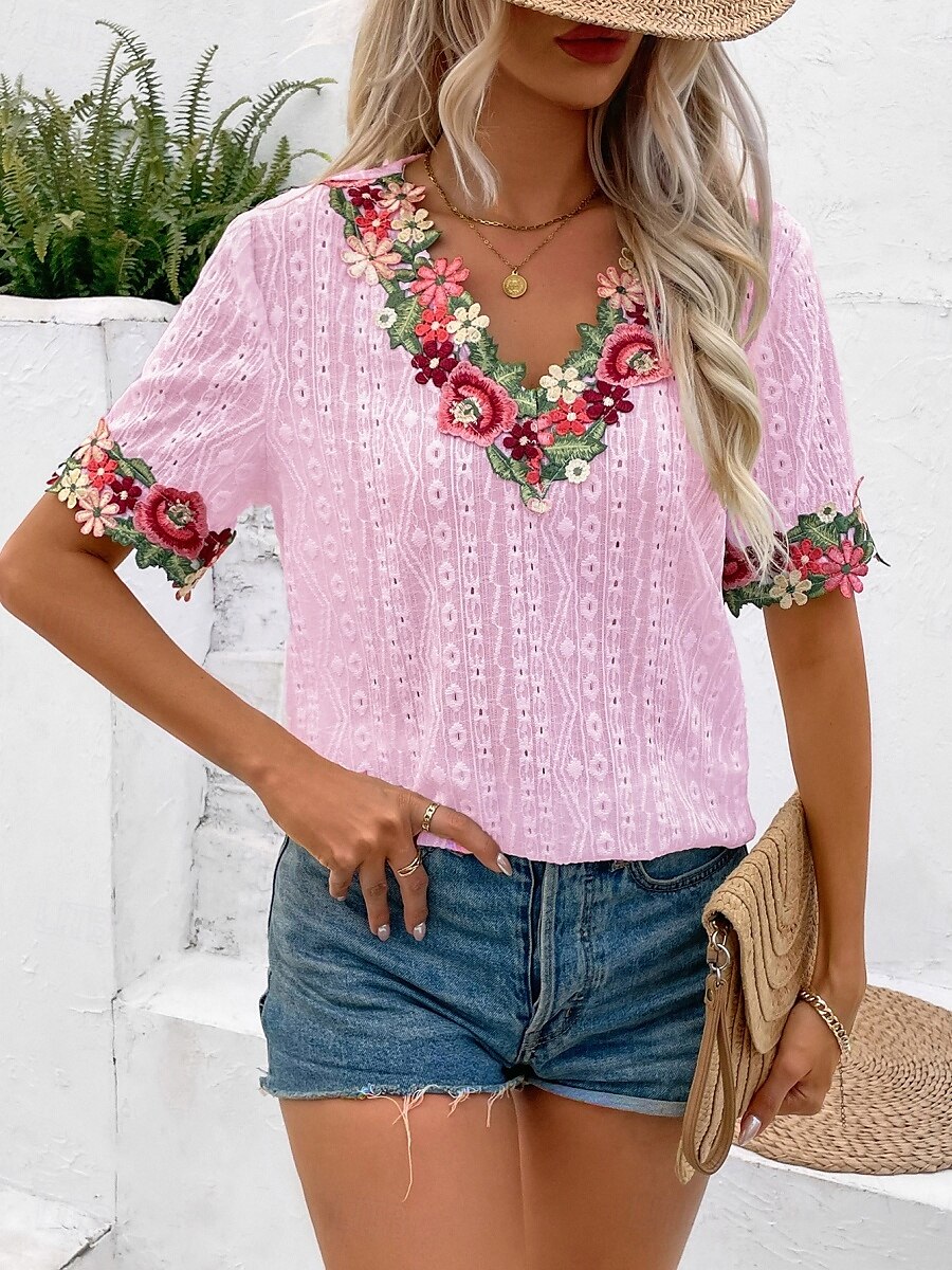 Bluse Eleganti in Pizzo Bianco per Donna con Occhielli Blusa Fashion Moderna Colore Unito Top Regolari a Maniche Corte Collo a V Ricamata Fit Regolare Weekend Romantico Petits da Indossare in Estate del 2025 a $27.99 –P3