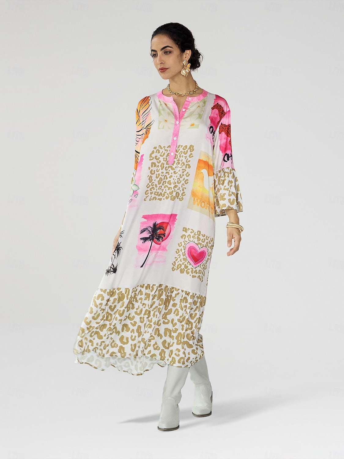 Robe longue décontractée à col ras du cou et à boutons en satin imprimé léopard de 2025 ? $68.99 –P1