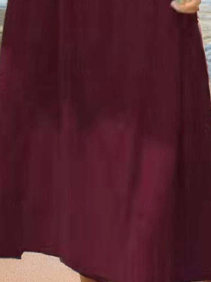 Damen Langes Kleid Maxikleid Leinen-inspirierte Kleider Baumwoll-Leinenkleid Hawaiianisch Normale Passform Einfarbig Langarm Rundhalsausschnitt Weinrot Beige Sommer Frühling 2025 - $32.99 –P3