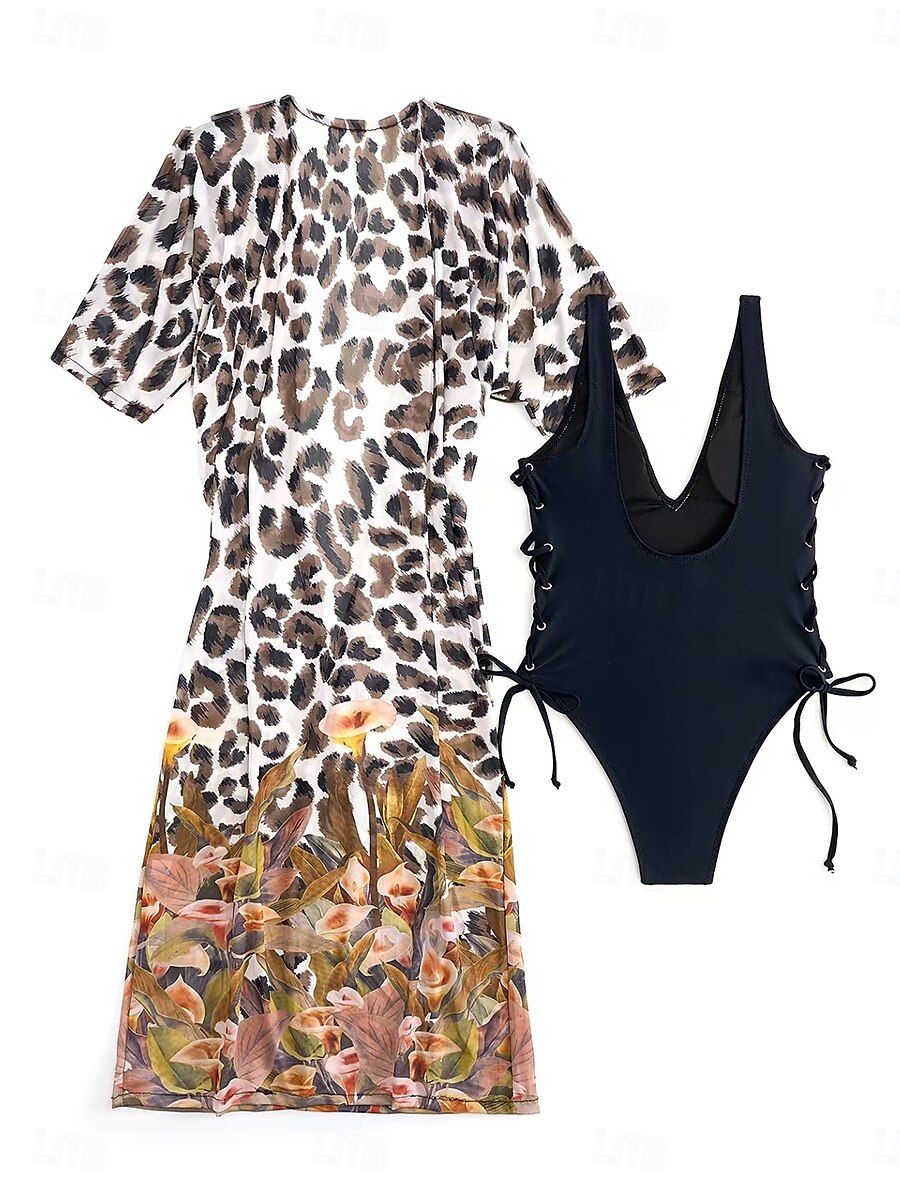 Dam Badkläder Bikini 2 st Baddräkt Öppen rygg Smal Semester Standkläder Leopard V-hals Ärmlös Baddräkter 2025 - $44.99 –P7