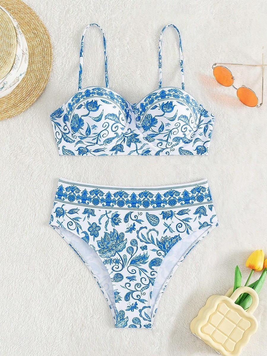 Dam Badkläder Bikini 2 st Kalsonger Baddräkt Öppen rygg Smal Semester Standkläder Blommig V-hals Ärmlös Baddräkter 2025 - $29.99 –P3