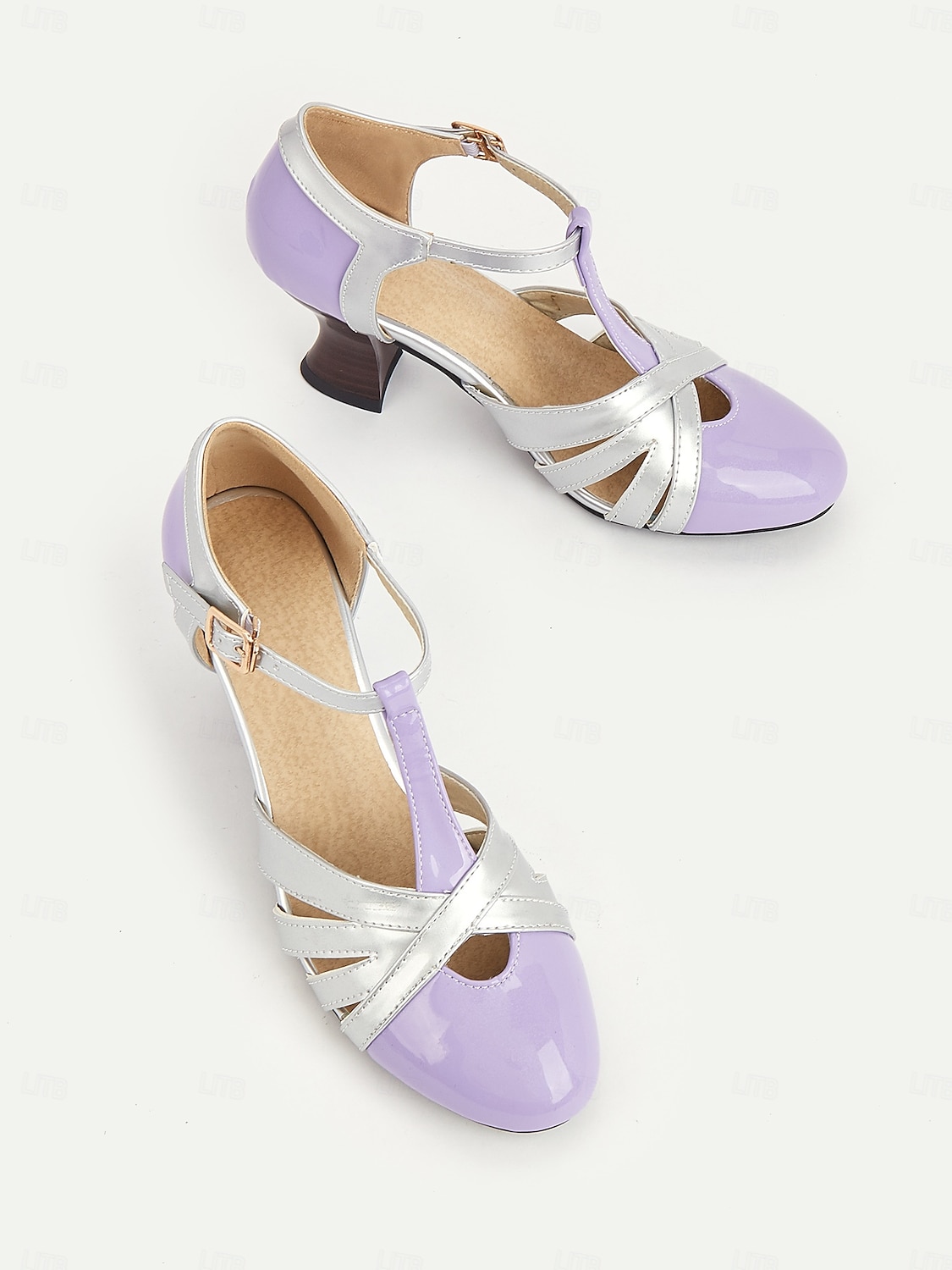 dameslavendel en zilveren t-band pumps met hak, uitsparingen en middelhoge hak voor elegante dansfeesten en formele gelegenheden 2025 - $46.99 –P4