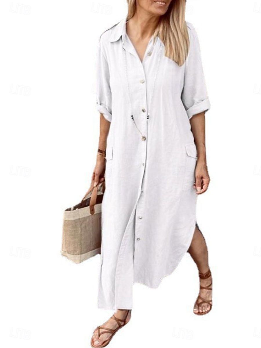 Жен. Длинное платье Платья из хлопка и льна Повседневное платье Элегантный стиль Стиль Классический Отпуск Повседневные Свидание Свободное облегание Полотняное плетение Длинный рукав 2025 - $36.99 –P2
