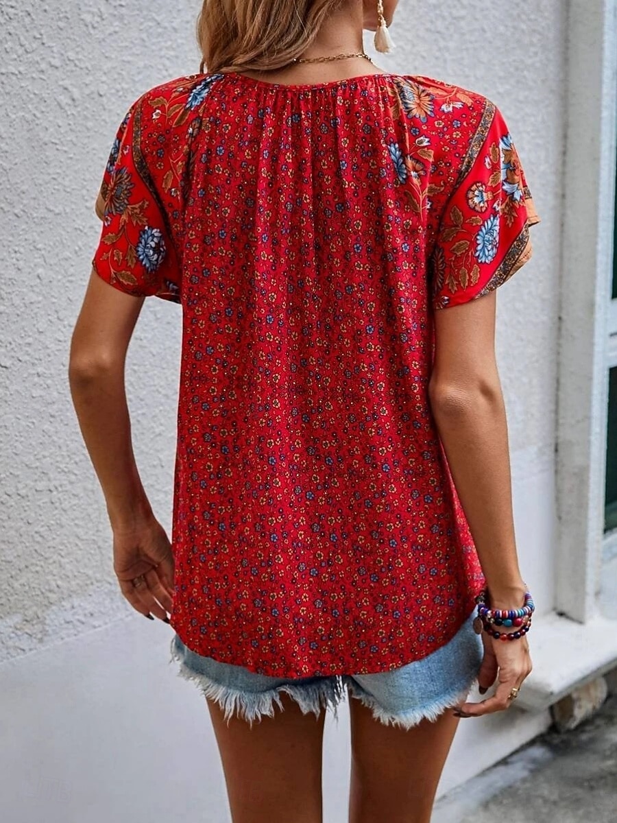 Damen Bluse Druck Blumen Bohemien Vintage Lässig Kurzarm V Ausschnitt Normale Oberteile Täglich Ferien Ausgehen Blau Rote Braun Aprikose Sommer Frühling 2026 - $27.99 –P5