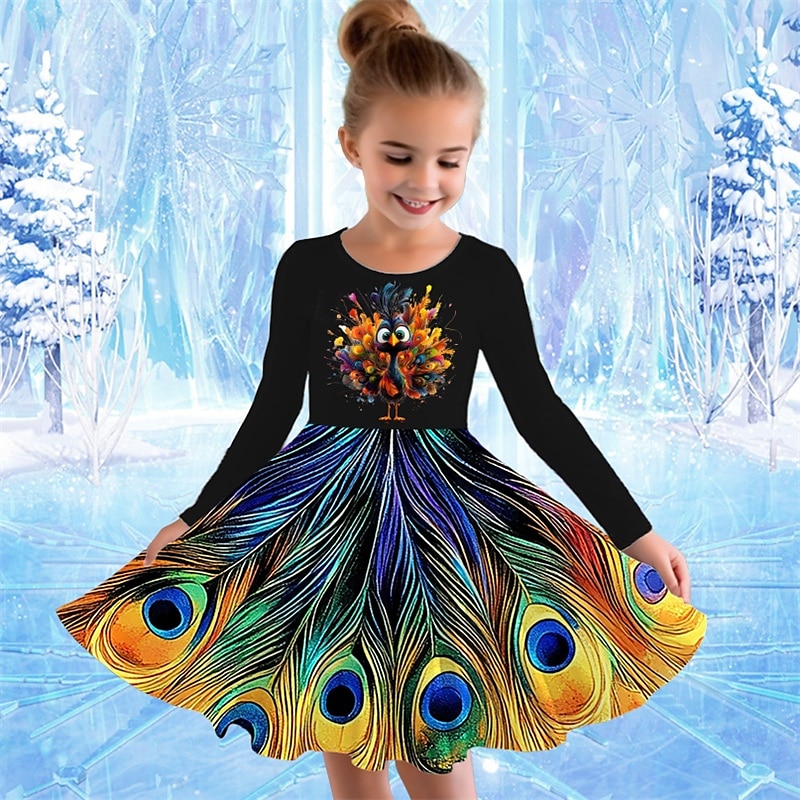 Girls' 3D Graphic Animal Peacock Dress Long Sleeve Summer Spring Vacation Daily Holiday Princess Beautiful Sweet Kids 4-12 Years Casual Dress A Line Dress Knee-length Regular Fit 2025 - $16.99 –P1