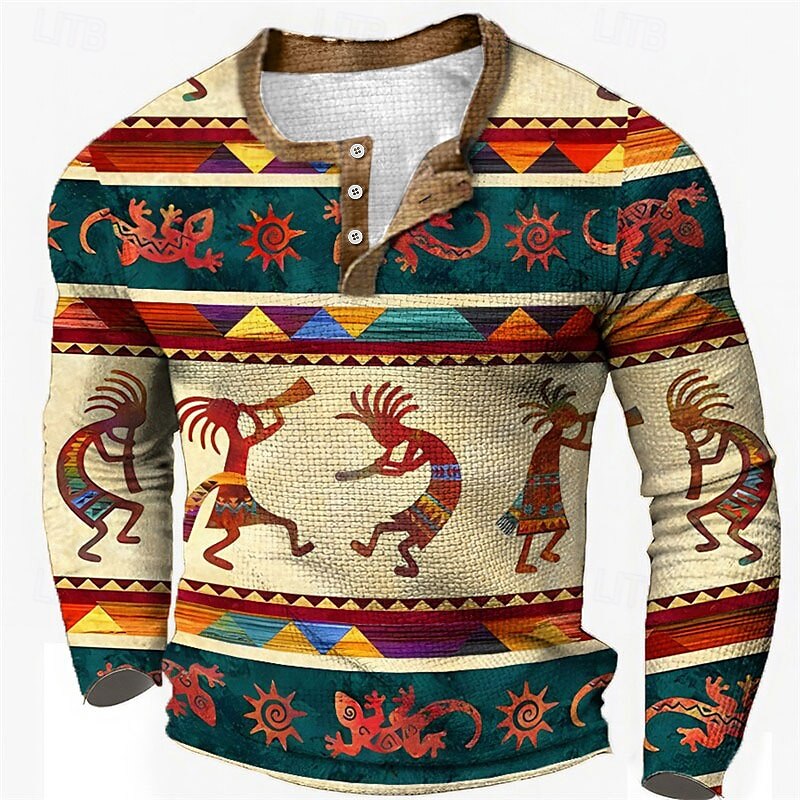 Voor heren Grafisch Tribal Henley-shirt Wafel T-shirt Lange mouw 3D-afdrukken Modieus Ontwerper Etnisch Buitensporten Feestdagen Festival Lente & Herfst blauw Bruin Groen Grijs Henley Henley-T-shirt 2025 - $23.99 –P1