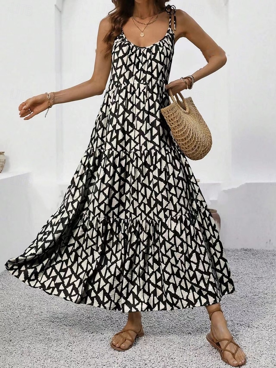 Damskie Sukienka maxi Codzienne sukienki Sukienka A line Sukienka na ramiączkach Elegancki Codzienny Urlop Codzienny Regularny Geometryczny Bez rękawów Pasek Czarny Lato 2025 - $26.99 –P2