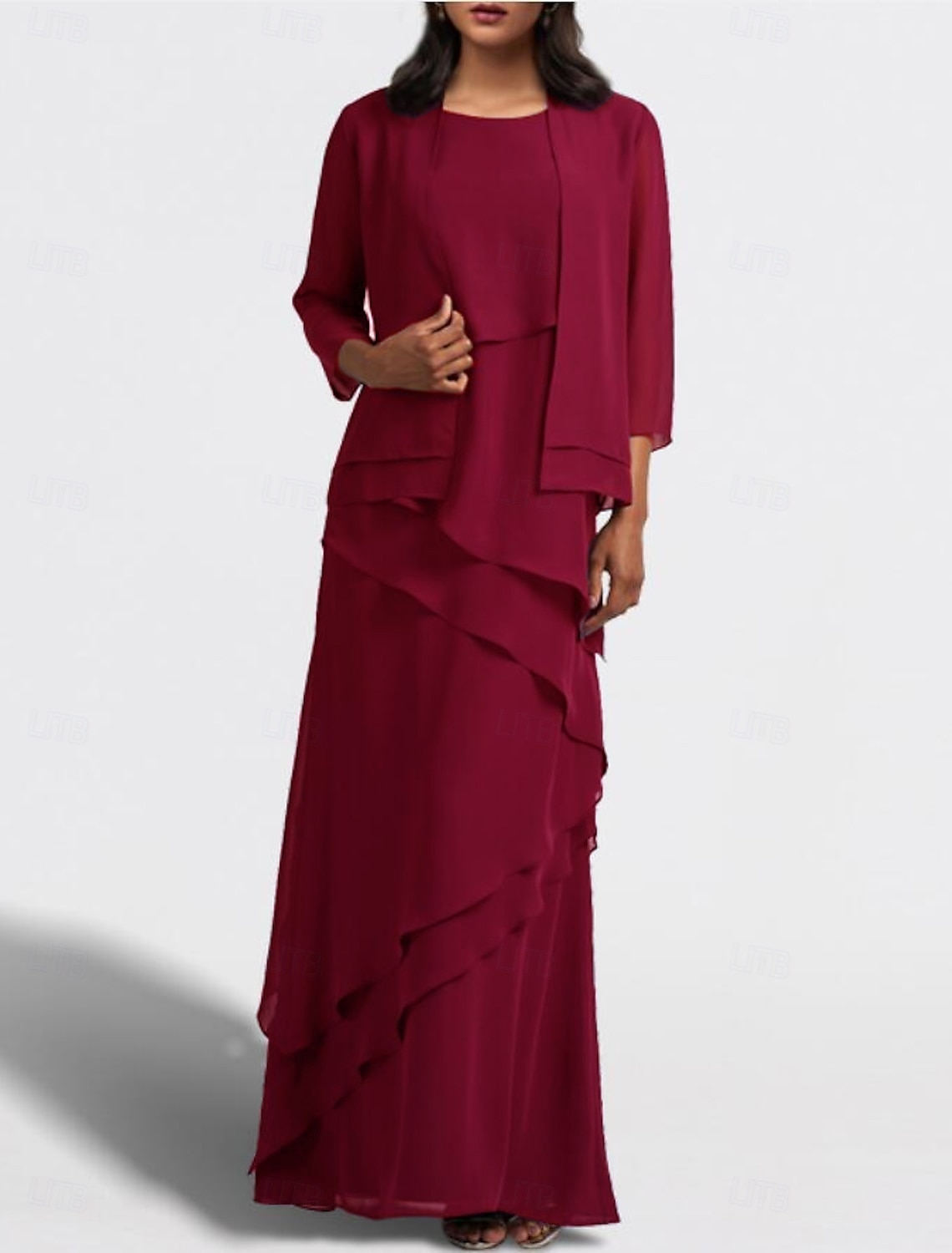 Due Pezzi A-Line Madre della Sposa Abito Ospite di Matrimonio Elegante Collo Gioiello Lunghezza Piena Chiffon Senza Maniche Wrap Incluso con Volant Cascading Colore Solido taglia personalizzata del 2025 a $169.99 –P4