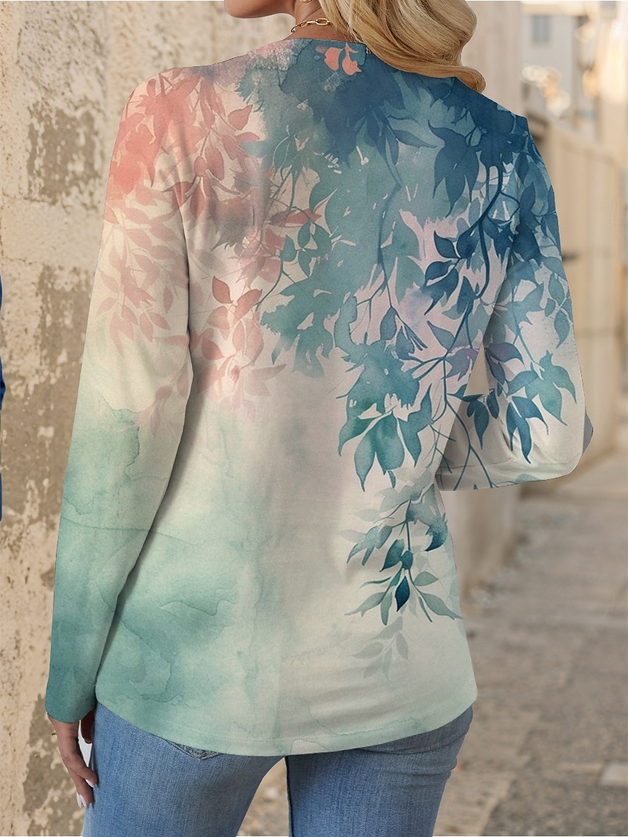 Maglietta da donna con collo a giro lungo maniche tunica floreale casual tops regolari quotidiani stampa verde primavera autunno del 2025 a $22.99 –P2