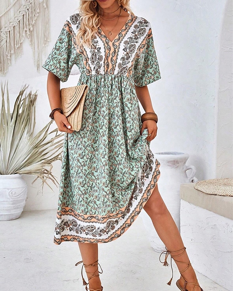 Femme robe longue Robe Trapèze Robe d'été robe boheme Elégant Hawaïen mode Vacances du quotidien Rendez-vous Standard Floral Manche Courte Col V Vert Eté de 2025 ? $25.99 –P5