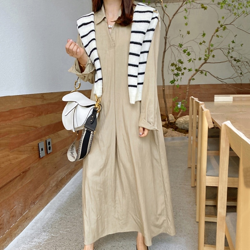 Women's Long Dress Maxi Dress Linen-feel Dresses Faux Cotton Linen Shift Dress Shirt Dress Stylish Casual Daily Vacation Date Regular Fit Plain Long Sleeve Lapel Black Wine Khaki Army Green Summer 2026 - $31.99 –P5