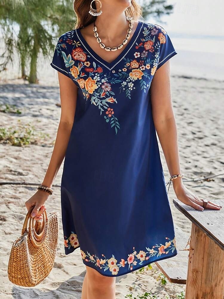 Damen Minikleid Sommerkleid Boho-Kleid Mode Modern Täglich Strand Wochenende Normale Passform Blumen Kurzarm Rundhalsausschnitt Blau Sommer 2025 - $21.99 –P2