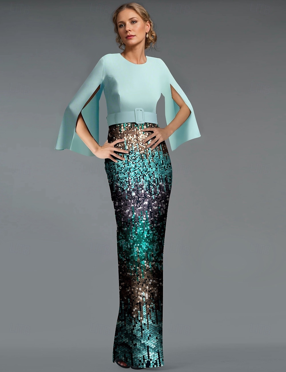 Meerjungfrau/Trompete Abendkleid elegantes Kleid Ombre formelle Partykleidung bodenlang Langarm V-Ausschnitt Gürtel/Schärpe mit Pailletten und Schlitz 2025 2025 - $205.99 –P5