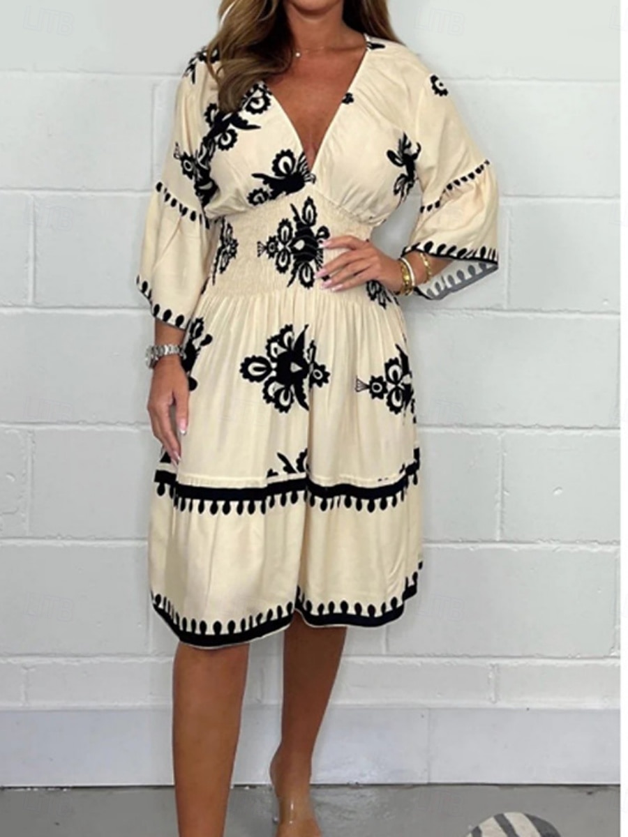 Női Midi ruha hétköznapi ruha Boho elegáns ruhák Boho ruha Csehország Alkalmi Boho Vakáció Napi Tengerpart Laza öltözet Grafika Hosszú ujj V-alakú Fekete Rubin Lóhere Sárgabarack Nyár Tavasz 2025 - $27.99 –P4