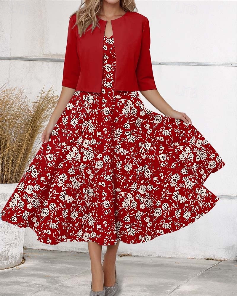 Robe Midi Femme Robe Décontractée Robe en Chiffon Robe Évasée Élégante Rendez-vous Coupe Régulière Fleurie Manches Mi-longues Col V Rouge Printemps de 2025 ? $36.99 –P1