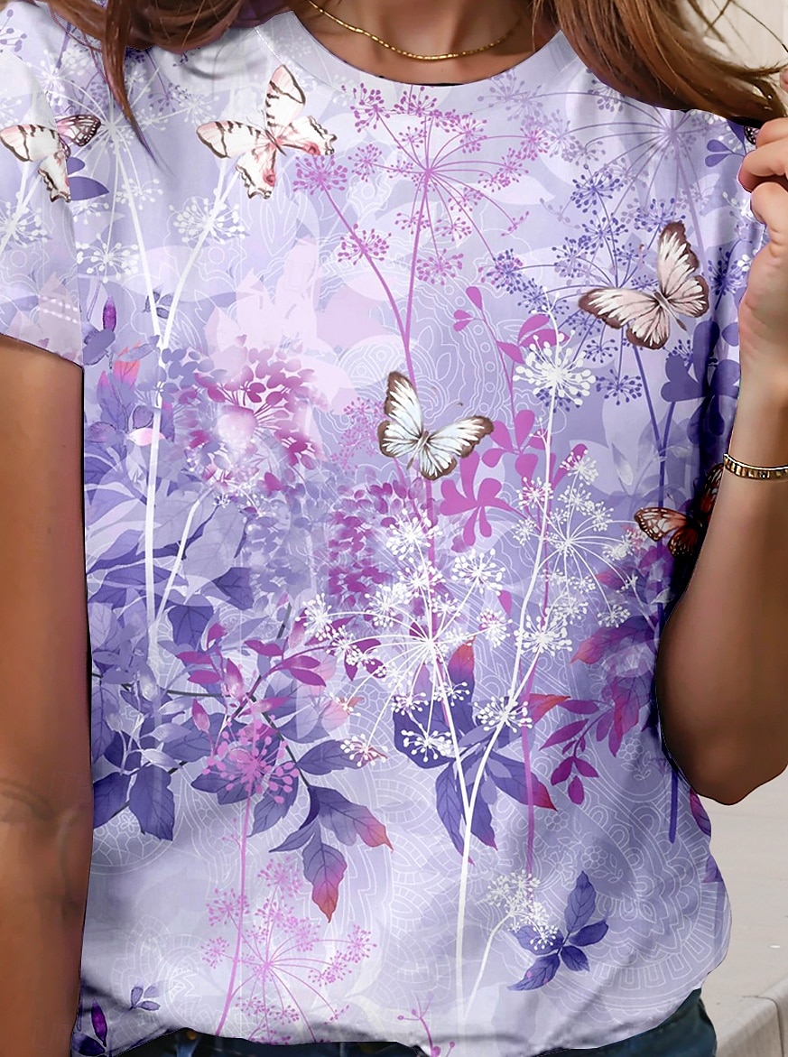 Γυναικεία Μπλουζάκι Φλοράλ Ζώο Καθημερινό Κοντομάνικο Στρογγυλή Λαιμόκοψη Κανονικά μπλουζάκια Καθημερινά Στάμπα Βυσσινί Καλοκαίρι Άνοιξη 2025 - $21.99 –P3