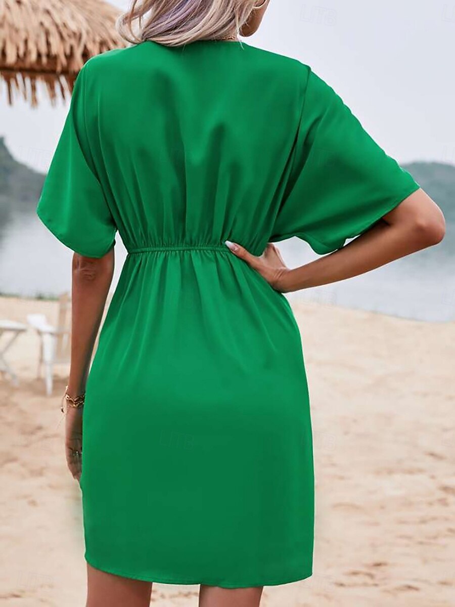 Per donna Mini abito Abito casual Aderente Elegante Moda Da cerimonia Da mare Giornaliero Standard Liscio Manica corta A V Rosa Verde Estate del 2025 a $36.99 -P2