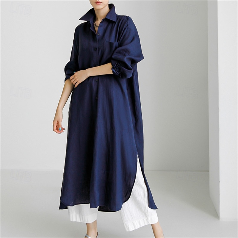 Damen Langes Kleid Maxikleid Leinen-inspirierte Kleider Hemdblusenkleid Freizeitkleid Baumwoll-Leinenkleid Stilvoll Lässig Urlaub Täglich Date Normale Passform Einfach Langarm Revers Schwarz 2025 - $28.99 –P7