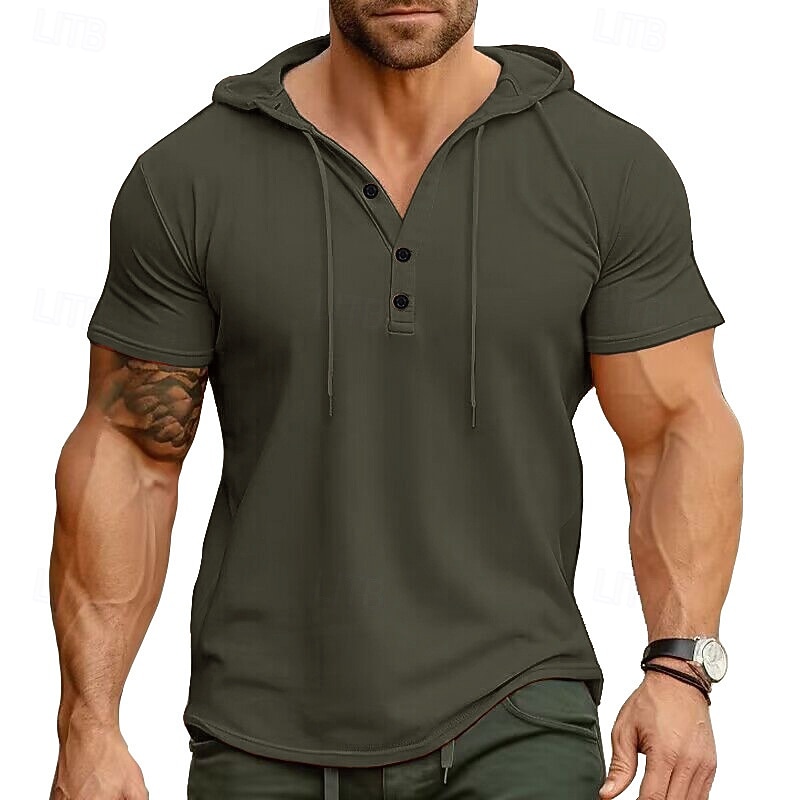 Herren T Shirt Kurzarm Mit Kapuze Frühling & Sommer Sport Mode Täglich Knöpfe Kordelzug Outdoor Alltagskleidung Lässig Schwarz Weiß Grün Top T-Shirt für Herren 2026 - $24.99 –P3