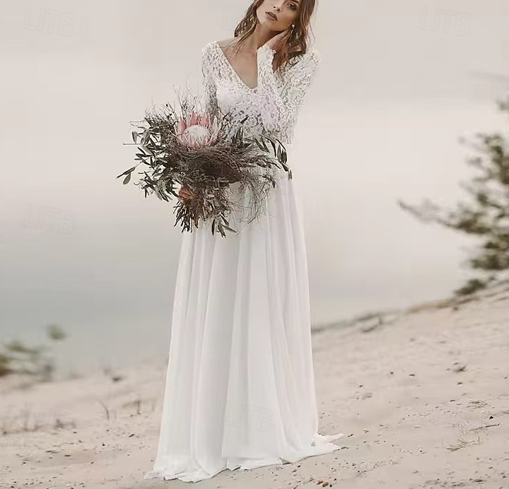 Robes de mariage boho à dos ouvert de plage A-Line décolleté en V col illusion manches longues traîne de cour costumes de mariée en chiffon avec ceinture  ruban de 2025 ? $173.99 –P1
