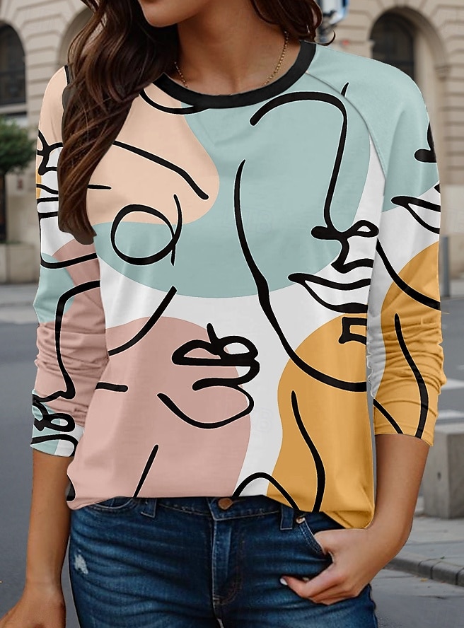 Women's T Shirt Casual Long Sleeve Crew Neck Long Tops Daily Print Blue Fall Winter 2025 - $24.99 –P3